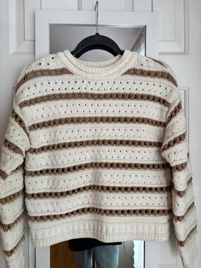Ann Taylor Cream and Brown Striped Open-Knit Crewneck Sweater